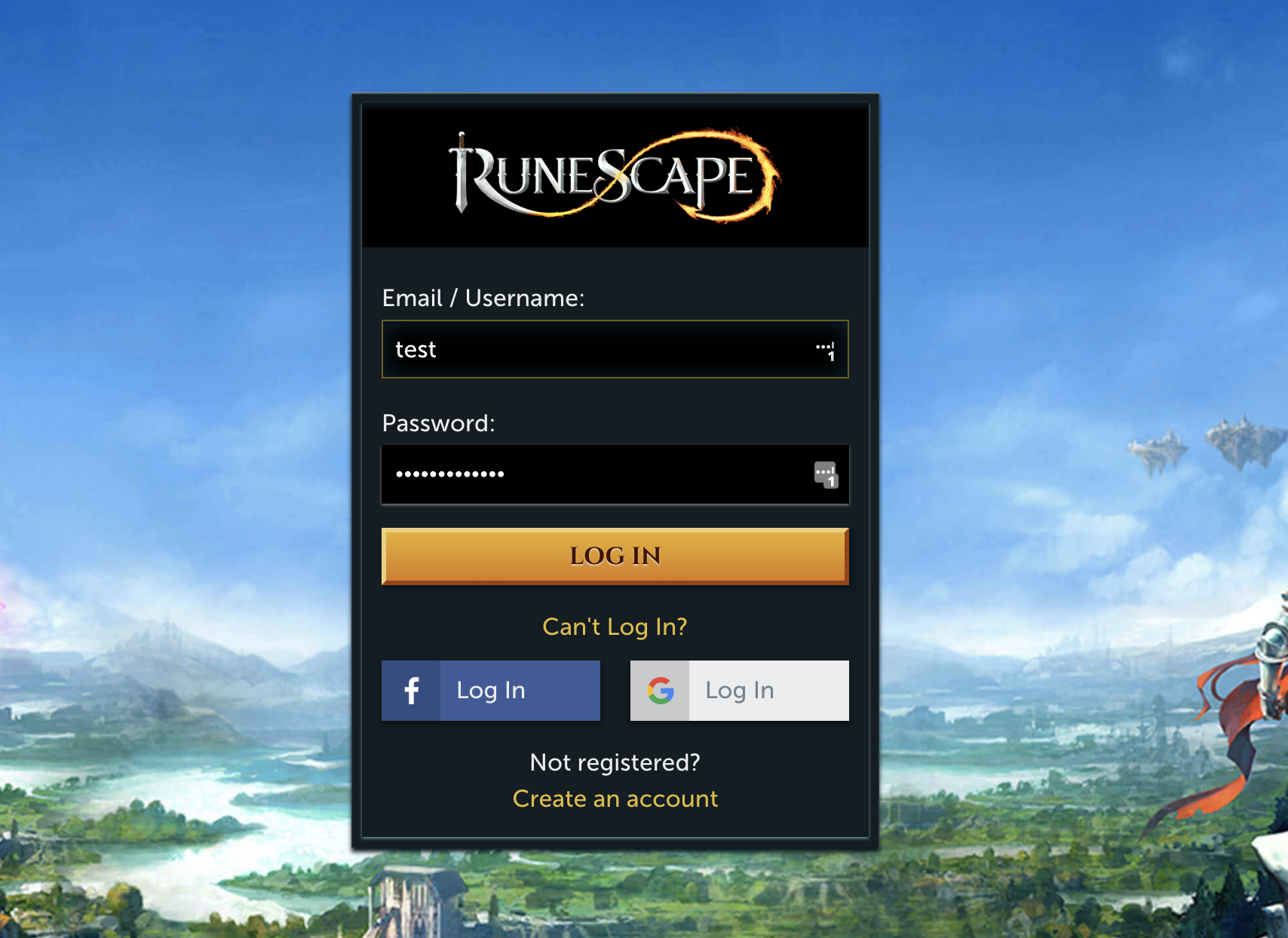 RuneScape website log-in screen