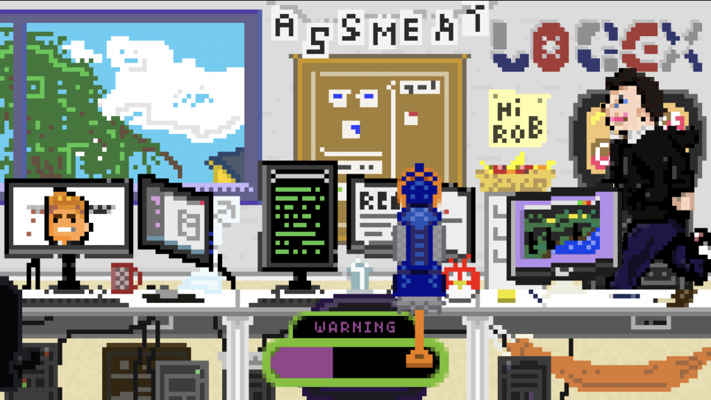 A demonstration of the duck hunt inspired game depicting a pixel art office scene
