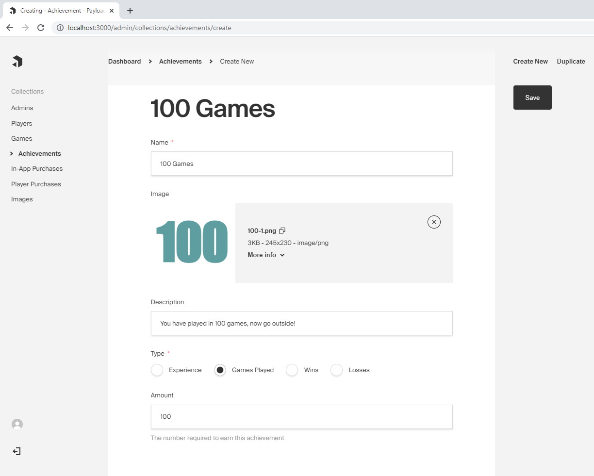 Payload admin panel showing game achievements