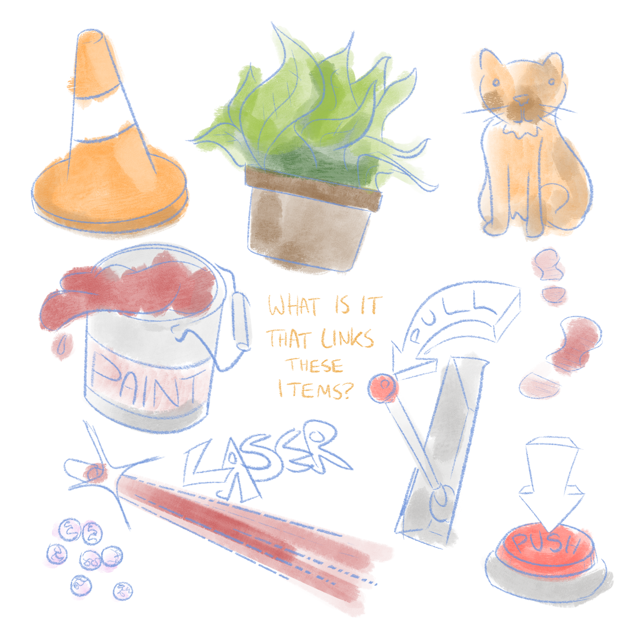 A number of random items that might exist in the game, such as a potted plant, cat, button, lever, traffic cone, marbles and a laser beam